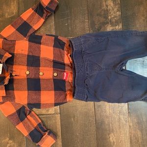 Wrangler boys 9mo plaid shirt with navy pants.